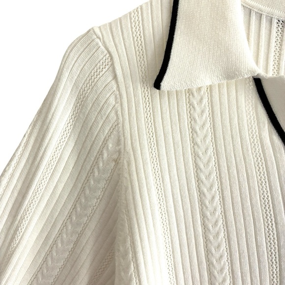 Adrianna Papell OpenV-Neck Polo Mix Rib Cable Knit Short Sleeve Large - Picture 4 of 10